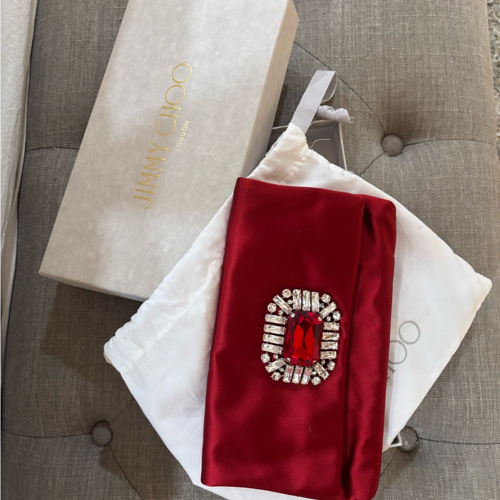Jimmy Choo  Titania Red Satin Jeweled Evening Clutch